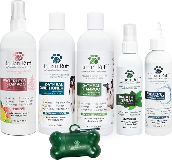 Lillian Ruff Starter Pack Gift Set for Dogs | Oatmeal Shampoo, Oatmeal Conditioner, Waterless Shampoo Citrus, Ear Cleaner &amp; Otic Wax Solvent, Breath Spray, Leash Clip Waste Bag Dispenser with 15 Bags