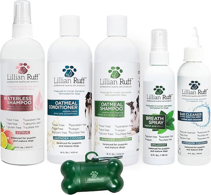 Lillian Ruff Starter Pack Gift Set for Dogs | Oatmeal Shampoo, Oatmeal Conditioner, Waterless Shampoo Citrus, Ear Cleaner &amp; Otic Wax Solvent, Breath Spray, Leash Clip Waste Bag Dispenser with 15 Bags
