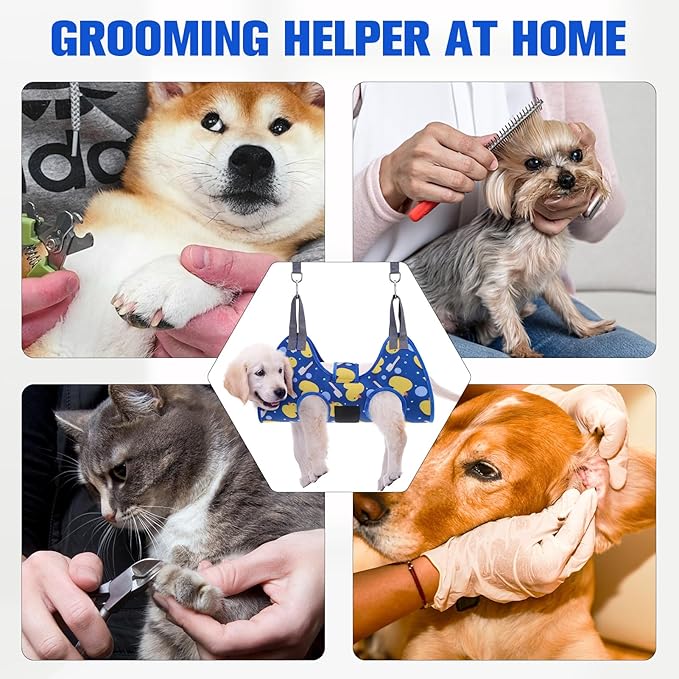 PAWCHIE Dog Grooming Hammock Harness for Dogs &amp; Cats with Pet Nail Clipper Trimmer - Cat Hanger Sling for Trimming Clipping Nails- Dog Hammock Restraint Bag for Small Medium Large Dog, Navy Blue S