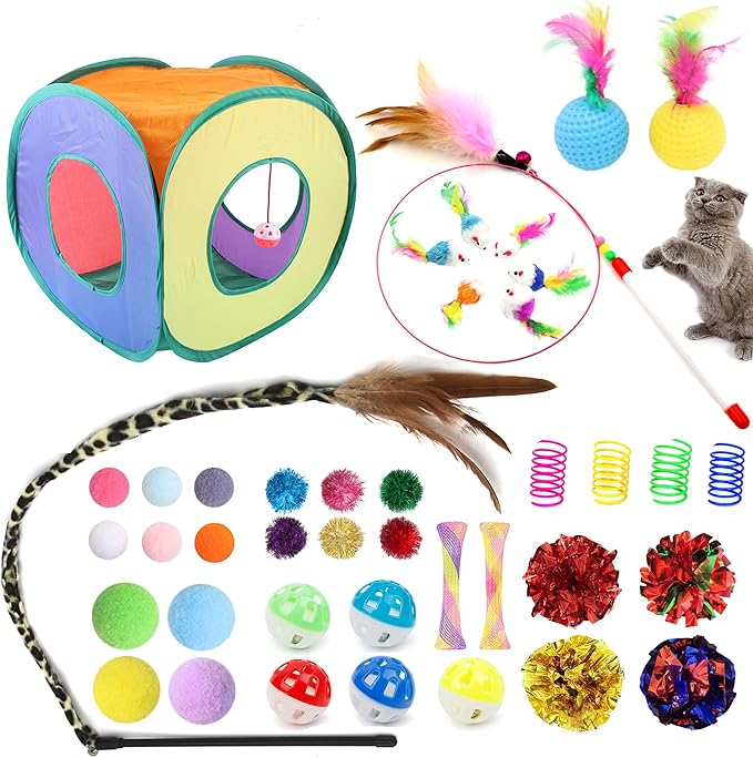 42pcs Interactive Cat Toys Kit - Multi-Activity Kitten Toy Set with Collapsible Tunnel, Feather Wand &amp; Bell, Cat Balls Toys - Indoor Play Enrichment Supplies for Adult Cats &amp; Kittens