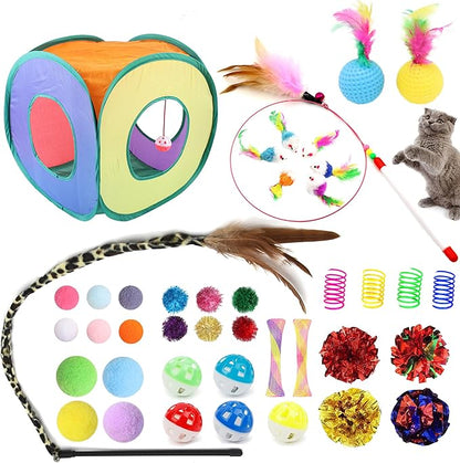42pcs Interactive Cat Toys Kit - Multi-Activity Kitten Toy Set with Collapsible Tunnel, Feather Wand &amp; Bell, Cat Balls Toys - Indoor Play Enrichment Supplies for Adult Cats &amp; Kittens