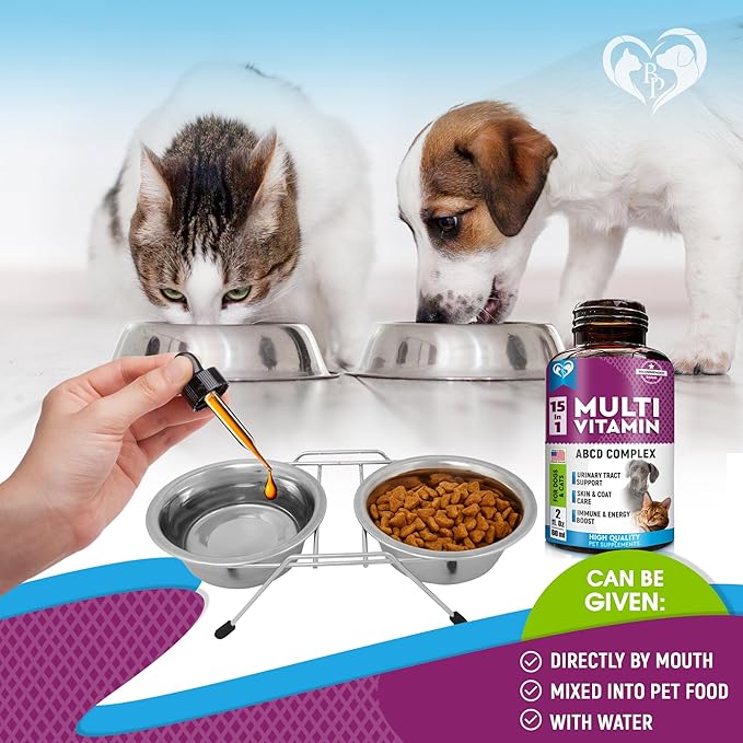 Cat &amp; Dog Multivitamin Liquid with Glucosamine &amp; Cranberry | 15 in 1 Health Supplements for Urinary Tract Kidney, Bladder, Hip &amp; Joint, Skin &amp; Coat | Natural UTI Medicine Made in USA (60 ml)