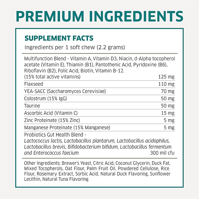 Dog Multivitamin - Dog Vitamins and Supplements - Digestive Enzymes &amp; Probiotics - Probiotics for Dogs - for Skin and Coat Allergies - Immune System &amp; Overall Health - 120 Soft Chew Dog Treats