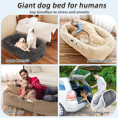 Human Dog Bed, Large Dog Beds for Humans Size Fits You and Pets, Washable Faux Fur Orthopedic Human Pet Bed for People Doze Off, Napping, Present Pillow, Blanket, Strap - Khaki
