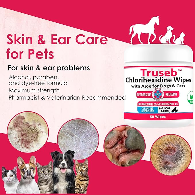 Truseb Topical Ketoconazole and Chlorhexidine Wipes for Dogs, Cats and Horses - with Aloe for Cleansing - 50 Count (Ketoconazole &amp; Chlorhexidine Wipes, 50 Count)