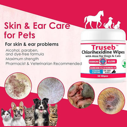 Truseb Topical for Dogs, Cats and Horses - with Aloe for Cleansing (Ketoconazole &amp; Chlorhexidine Wipes, 100 Count)