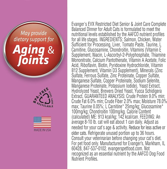Evanger’s EVX Restricted Diet Senior and Joint Health Canned Cat Food – 24 Count, 5.5 oz Cans Each – Salmon with Taurine, L Carnitine, Glucosamine &amp; Chondroitin – Grain Free Pâté Style