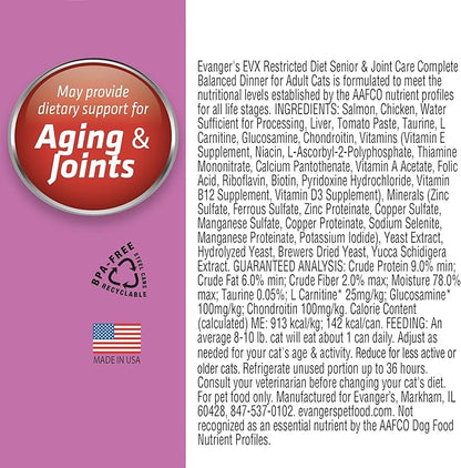 Evanger’s EVX Restricted Diet Senior and Joint Health Canned Cat Food – 24 Count, 5.5 oz Cans Each – Salmon with Taurine, L Carnitine, Glucosamine &amp; Chondroitin – Grain Free Pâté Style