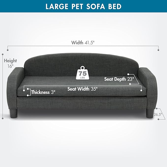 Paws &amp; Purrs Multi-Cat Sofa Bed – 41.5″ Wide Elevated Pet Couch with 3″ Foam Mattress, Removable Machine-Washable Cover – Stylish Indoor Pet Furniture for Two or More Cats and Dogs, Gray
