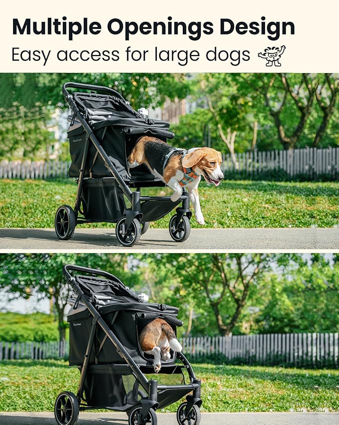 Medium Dog Stroller, Foldable Pet Stroller with Adjustable Handle &amp; No Zip Entry, Storage Basket &amp; Cup Holder, Canopy, Mesh Windows, Ideal for Medium Dogs and Cats Up to 50lbs, Black