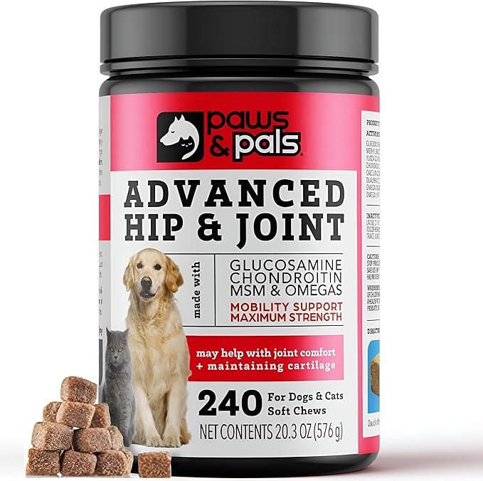 Paws &amp; Pals Glucosamine Chondroitin MSM for dogs 240 Count, Hip and Joint Mobility Soft Chews Supplement, Pain &amp; Inflammation Relief for all breeds - Maximum Strength, Treats Hip Dysplasia &amp; Arthritis