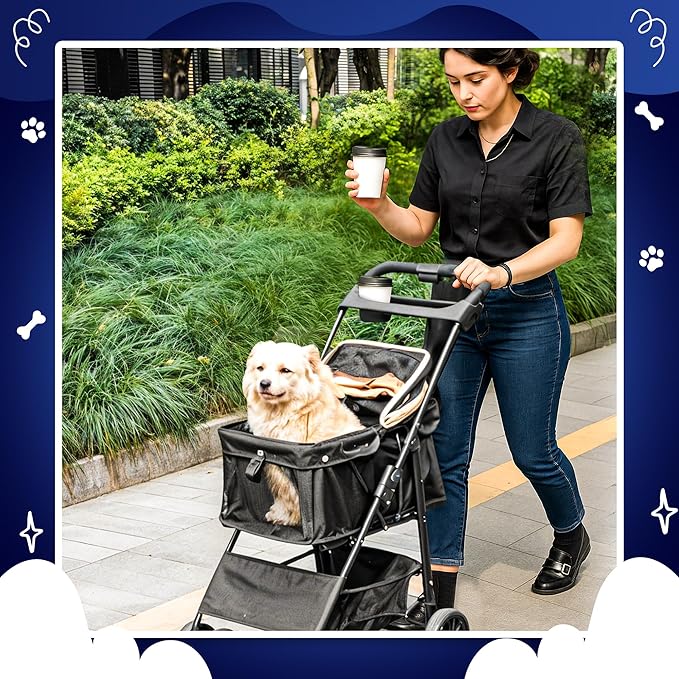 Pet Stroller with 4 Rolling Casters for Pets – Lightweight Multifunctional Travel Stroller with Mesh Windows, Cup Holder, Sun Shades &amp; Storage Pocket for Puppy and Kitty