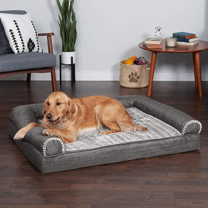 Furhaven Cooling Gel Dog Bed for Large Dogs w/ Removable Bolsters &amp; Washable Cover, For Dogs Up to 95 lbs - Luxe Faux Fur &amp; Performance Linen Sofa - Charcoal, Jumbo/XL