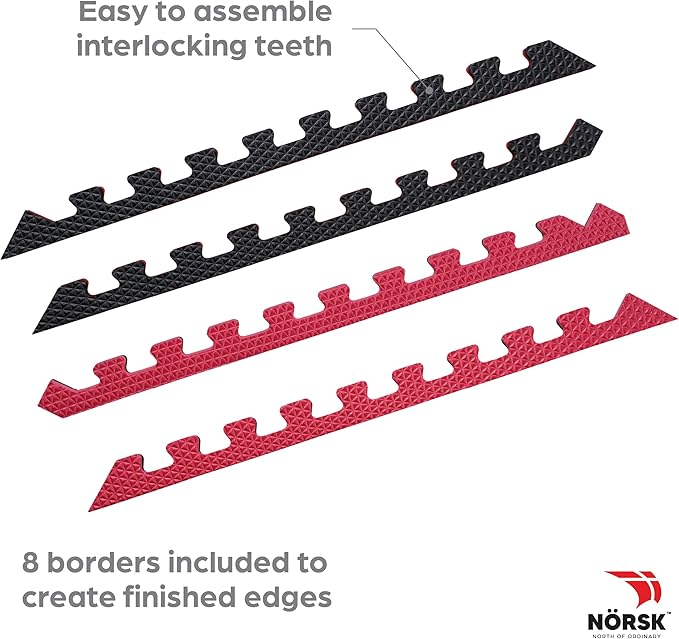 Norsk Reversible Gym Exercise Mats 3/4" Thick EVA Interlocking Foam Tiles, Perfect Gym Flooring for Home Gym, 4 Tiles &amp; 8 Trim Pieces, 16 Sq. Ft. 24"x24", Red/Black