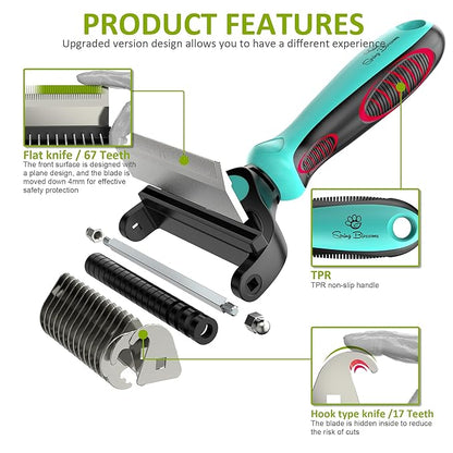 Spring Blossoms-2 in 1 Professional Grooming Rake for Cats &amp; Dogs-Dematting Comb for Easy Mats &amp; Tangles Removing,Pet Brush Safe No More Nasty Shedding and Flying Hair (Cyan)