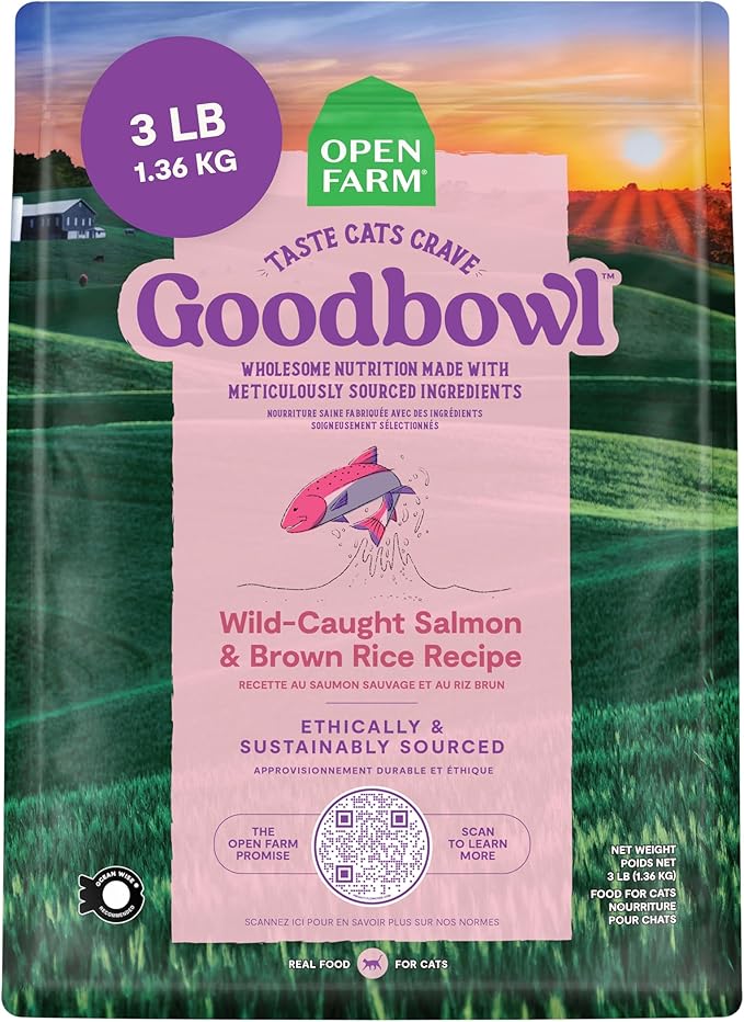 Open Farm Goodbowl, Protein Rich Dry Cat Food Made from Meticulously Sourced Simple Ingredients, Wild-Caught Salmon &amp; Brown Rice Recipe, 3lb Bag (48oz Bag)