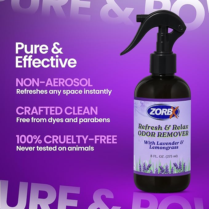 ZORBX Refresh &amp; Relax Odor Remover Spray with Lavender &amp; Lemongrass 8 Oz (Pack of 2) – Permanent Solution Room Freshener &amp; Air Freshener Spray for Home, Bathroom, Furniture, Carpet, Car, Gym &amp; Laundry