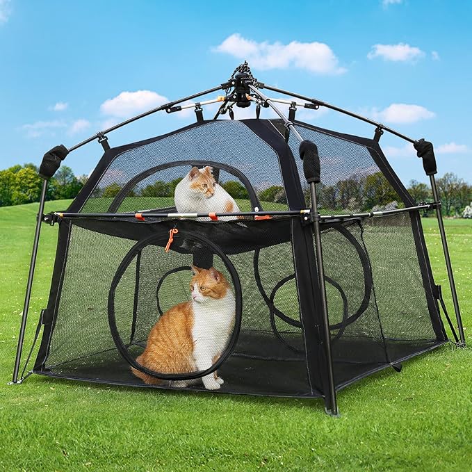 Extra Large Catio Outdoor Cat Enclosure Rywell 2-Tier Cat Tent for Patio, Balcony, Indoor &amp; Camping, Foldable Outdoor Cat Playpen with Windows, Weatherproof Sunproof (Carry Bag Included)