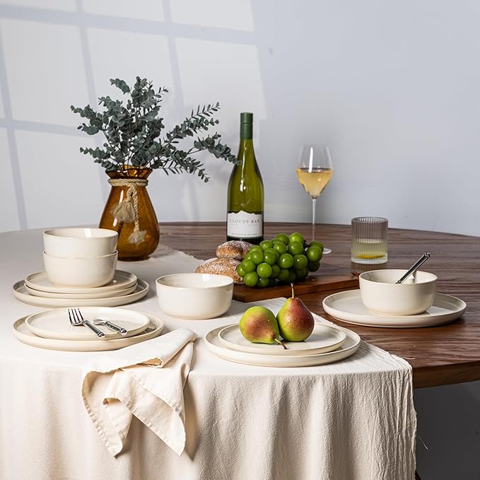 GBHOME Ceramic Dinnerware Sets for 4, 12 Pieces Stoneware Plates and Bowls Sets, Scratch Resistant Dishes, Dishwasher &amp; Microwave Safe, Reactive Glaze-Vanilla color