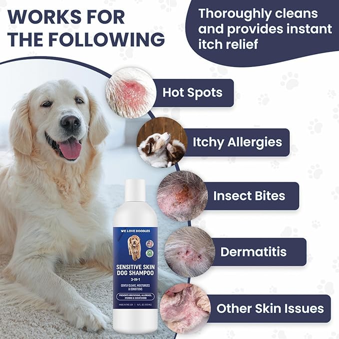 Premium 3-in-1 Sensitive Skin Dog Shampoo, Great for Allergies, Itching, Scratching, Anti-Itch Shampoo for Dogs with Oatmeal &amp; Aloe, Made in USA, Natural Ingredients, 16 oz [We Love Doodles]