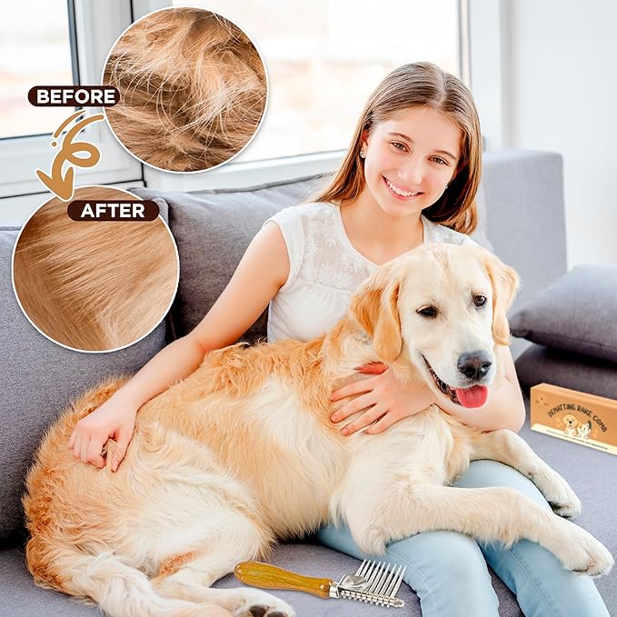 TAKAVU Dematting Fur Rake Comb Brush for Dogs &amp; Cats - Undercoat Comb with Safety Blades for Removing Knots, Mats &amp; Tangles - Grooming Tool for Poodles, Doodles, Long Haired Pets