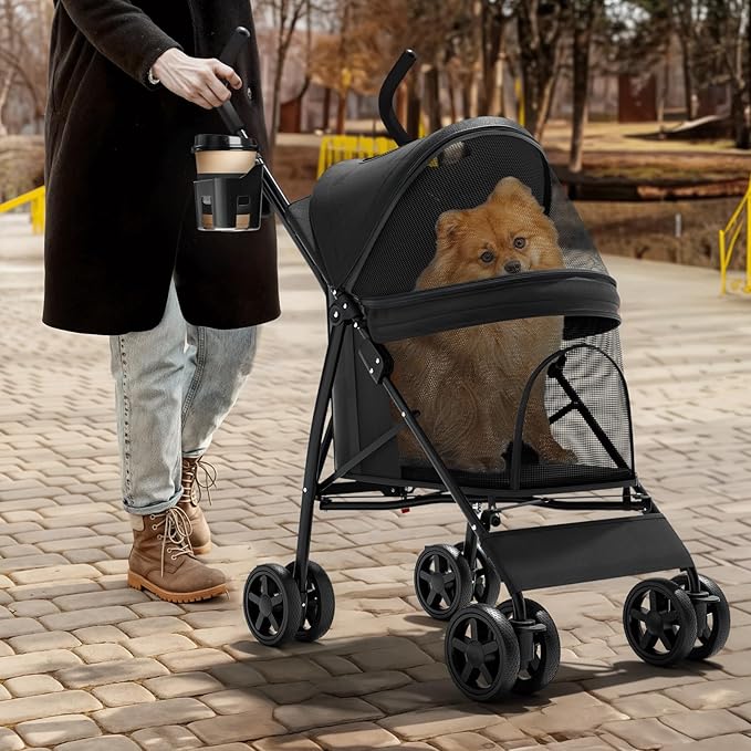 Magshion Compact Pet Stroller for Small-Medium Dogs/Cats up to 22lbs, 4-Wheel Lightweight Umbrella Shaped Portable Puppy Travel Jogger with Breathable Mesh, Cup Holder &amp; Rear Storage, Black