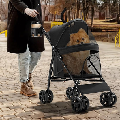Magshion Compact Pet Stroller for Small-Medium Dogs/Cats up to 22lbs, 4-Wheel Lightweight Umbrella Shaped Portable Puppy Travel Jogger with Breathable Mesh, Cup Holder &amp; Rear Storage, Black
