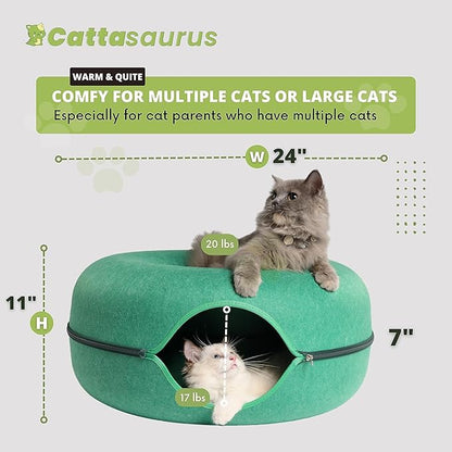 CATTASAURUS Peekaboo Cat Cave for Multiple &amp; Large Cats Up to 30-45 Lbs, Scratch Detachable &amp; Washable Tunnel Bed, Comfy Donut Cat Cave (Forest Green, Large)