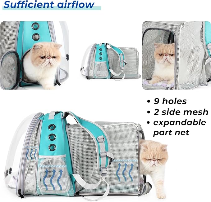 Lollimeow Cat Carrier Backpack, Bubble Expandable Backpack Carrier, Pets and Small Dogs,Airline-Approved, Designed for Travel, Hiking, Walking &amp; Outdoor Use (Square Back Expandable-Green)