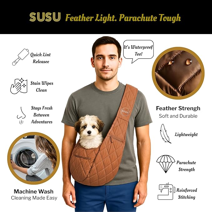 Small Dog Carrier Sling – Copper Brown Hands‑Free 2‑in‑1 Cross‑Body &amp; Handheld Pet Sling for Small Dogs up to 10 lbs, Parachute‑Grade Rip‑Stop Nylon, Padded Strap &amp; Safety Tether