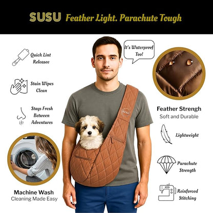 Small Dog Carrier Sling – Copper Brown Hands‑Free 2‑in‑1 Cross‑Body &amp; Handheld Pet Sling for Small Dogs up to 10 lbs, Parachute‑Grade Rip‑Stop Nylon, Padded Strap &amp; Safety Tether