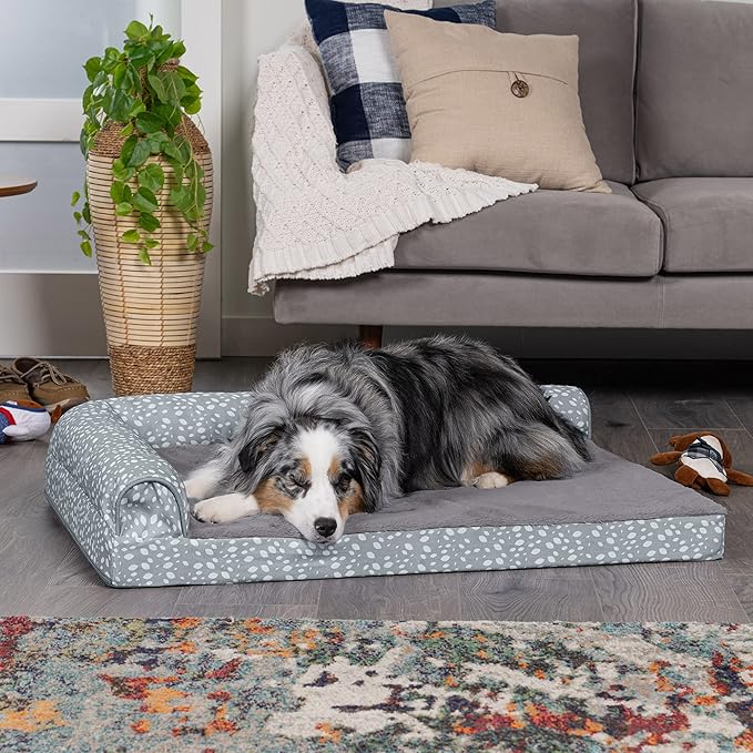 Furhaven Cooling Gel Dog Bed for Large/Medium Dogs w/ Removable Bolsters &amp; Washable Cover, For Dogs Up to 55 lbs - Plush &amp; Almond Print L Shaped Chaise - Gray Almonds, Large