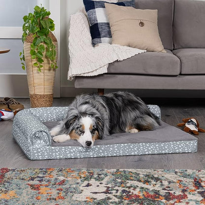 Furhaven Cooling Gel Dog Bed for Large/Medium Dogs w/ Removable Bolsters &amp; Washable Cover, For Dogs Up to 55 lbs - Plush &amp; Almond Print L Shaped Chaise - Gray Almonds, Large