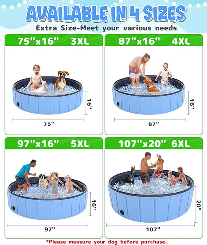 Large Foldable Dog Pool 87"x16", Hyperzoo Oversize Foldable Dog Swimming Pool, Hard Plastic PVC Leakproof Doggie Wading Collapsible Pet Bathing Tub for Puppy Small Medium Large Dogs and Kids, Blue