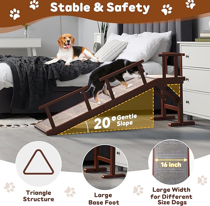Onelike Wooden Dog Ramp for Bed with Removable Side Rail and Non-Slip Carpet, Stable Pet Ramp Stair for Couch Sofa for Small &amp; Large &amp; Senior Dogs, 60" Long Ramp Brown