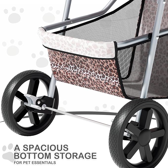 MoNiBloom 3 Wheels Pet Dog Cat Stroller for Small Medium Dogs Cats, Lightweight Foldable Jogger Stroller w/Storage Basket &amp; Cup Holder, Leopard Print