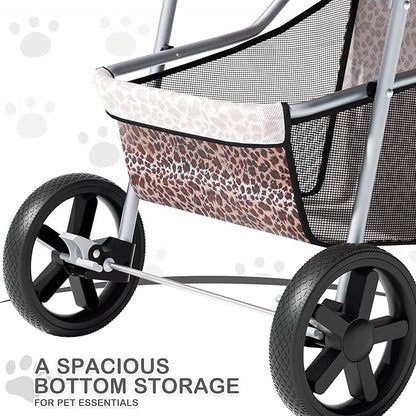 MoNiBloom 3 Wheels Pet Dog Cat Stroller for Small Medium Dogs Cats, Lightweight Foldable Jogger Stroller w/Storage Basket &amp; Cup Holder, Leopard Print