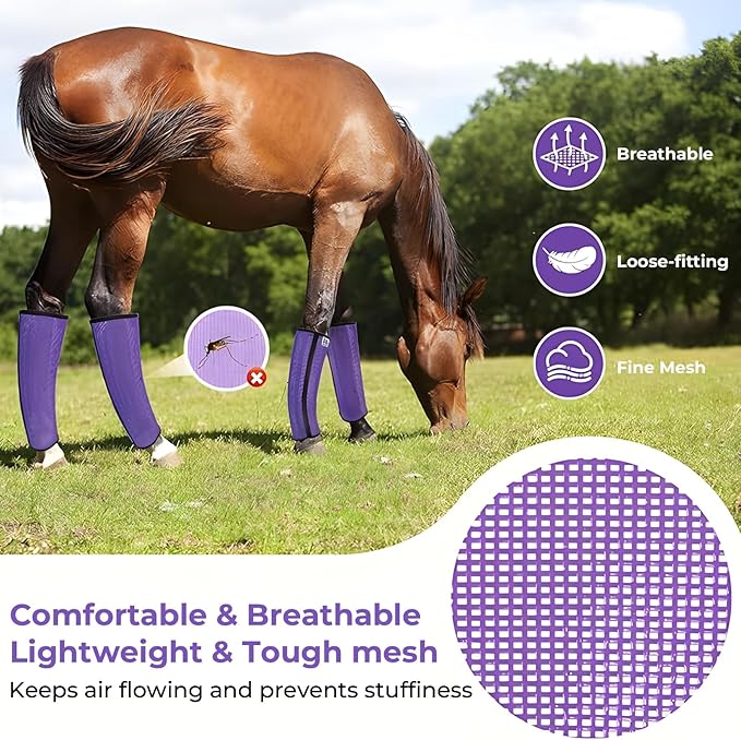 Mesh Horse Fly Boots Set of 4，Adjustable and Universal Loose Fitting &amp; Non-Slip Horse Fly Leggings for Horses,Reduce Stressful Stomping (Purple)