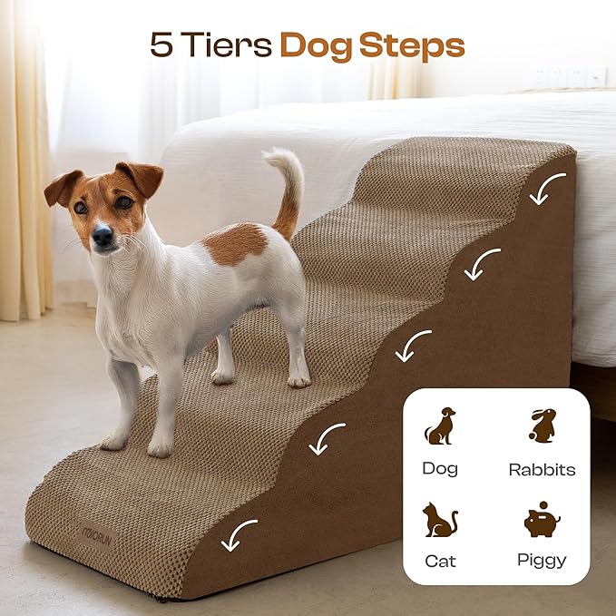 Dog Stairs for High Beds Up to 26-30", 5-Step Foam Pet Ramp with Washable Cover, Gentle Slope Steps, Bed &amp; Couch Ladder for Small Medium Dogs &amp; Senior Cat, Puppy Stairs to Get on Tall Furniture
