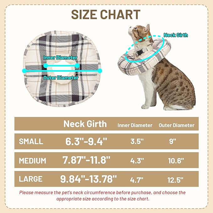 Cat Cone Collar Soft, Adjustable Plaid Elizabethan Cat Recovery Collar After Surgery to Prevent Licking &amp; Scratching Wound, Fits Small Medium Large Cats, Puppy, Small Dogs