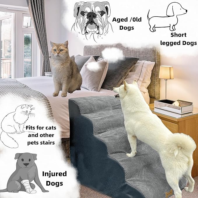 5-Step Dog Stairs for 30 Inch High Beds &amp; 20-30 Inch Couch Bed, Non-Slip Balanced Indoor Pet Ramp Stairs for Small Old Large Dogs Cats to Get on Bed 30D