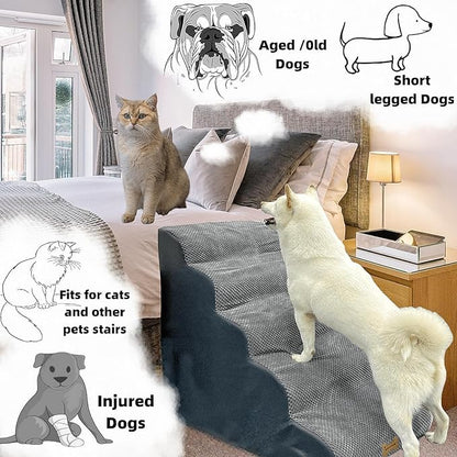 5-Step Dog Stairs for 30 Inch High Beds &amp; 20-30 Inch Couch Bed, Non-Slip Balanced Indoor Pet Ramp Stairs for Small Old Large Dogs Cats to Get on Bed 30D