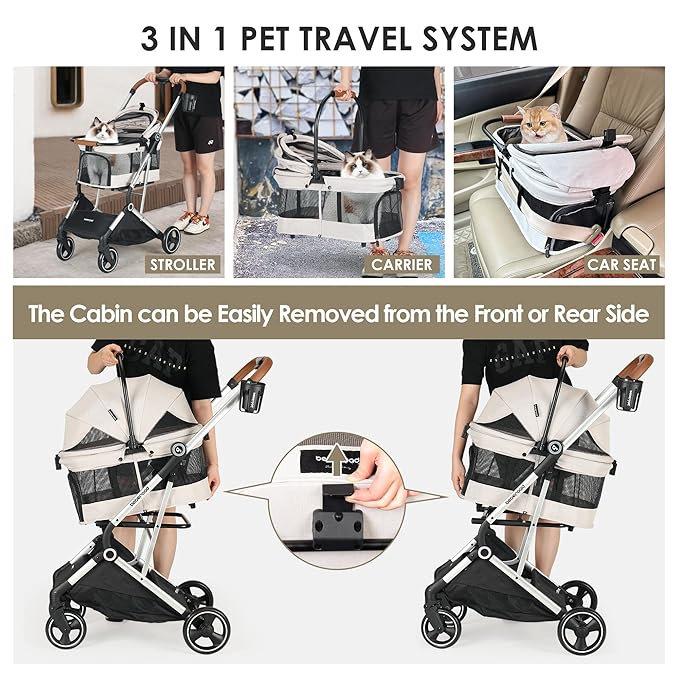 T3 Pro 3-in-1 Small Pet Stroller for Dog &amp; Cats, 4 Wheels with Detachable Carrier with Pad, Canopy and Cup Holder, Beige &amp; Net Wall