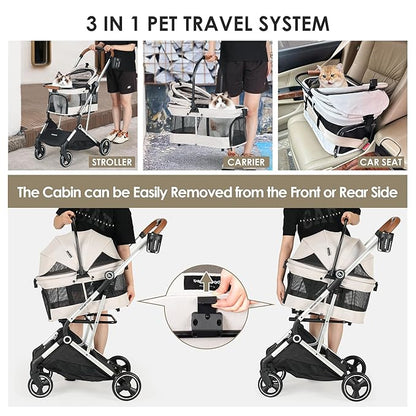 T3 Pro 3-in-1 Small Pet Stroller for Dog &amp; Cats, 4 Wheels with Detachable Carrier with Pad, Canopy and Cup Holder, Beige &amp; Net Wall