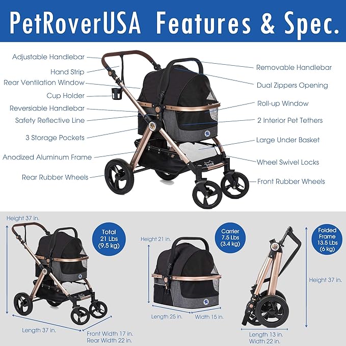 HPZ Pet Rover Prime 3-in-1 Luxury Dog/Cat Stroller (Travel Carrier + Car Seat +Stroller) with Detach Carrier/Pump-Free Rubber Tires/Aluminum Frame/Reversible Handle for Medium &amp; Small Pets (BLACK)