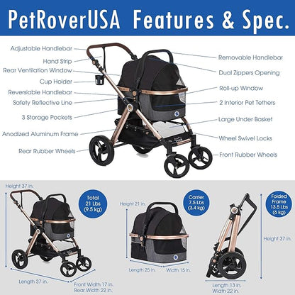 HPZ Pet Rover Prime 3-in-1 Luxury Dog/Cat Stroller (Travel Carrier + Car Seat +Stroller) with Detach Carrier/Pump-Free Rubber Tires/Aluminum Frame/Reversible Handle for Medium &amp; Small Pets (BLACK)