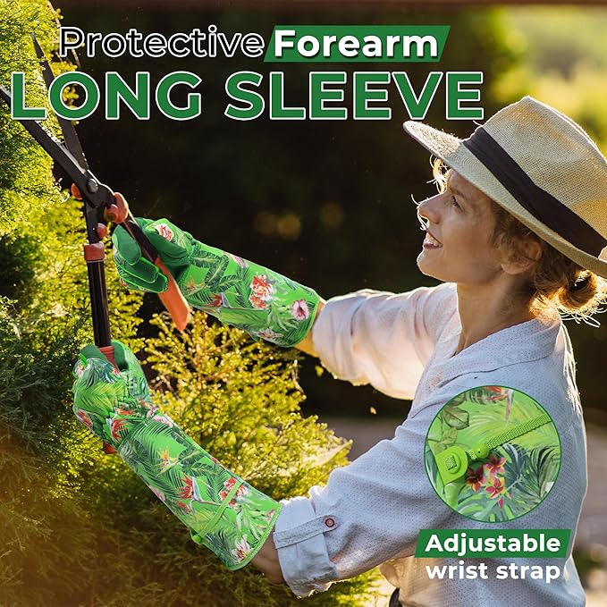 HANDLANDY Women Gardening Gloves, Thorn Proof Breathable Ladies Rose Pruning Long Gauntlet Floral Print Garden Yard Gloves, Gift for Gardeners (Green, L)