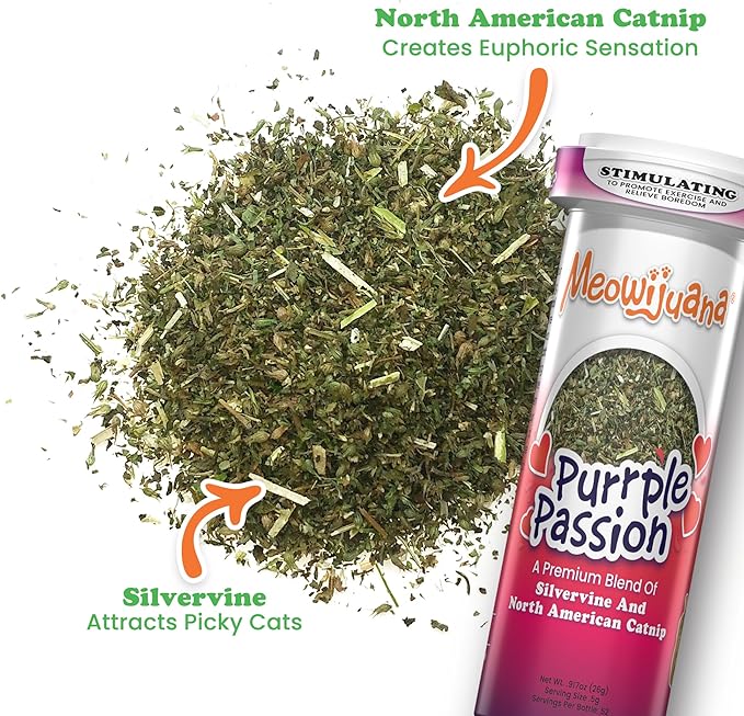 Meowijuana Purrple Passion Cat Nip - Premium Organic Blend of Catnip for Cats &amp; Silvervine, Stimulates Playful Behavior, 26g, Natural Wellness Gift for Cat Lovers