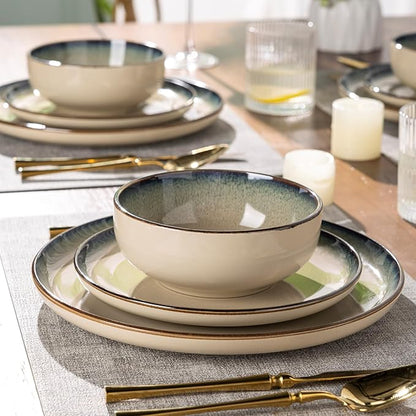 GBHOME Ceramic Dinnerware Sets for 4, 12 Pieces Stoneware Plates and Bowls Sets, Scratch Resistant Dishes, Dishwasher &amp; Microwave Safe, Reactive Glaze-Gravel