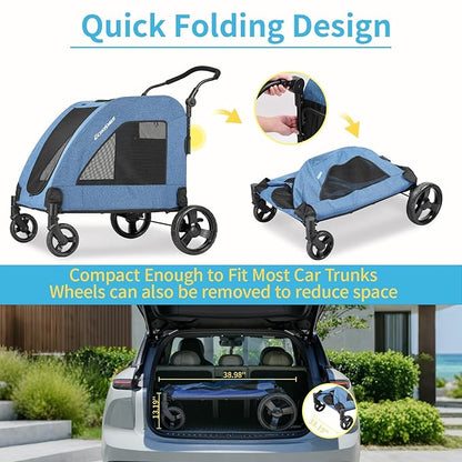 EchoSmile Heavy-Duty Large Dog Stroller with Shock-Absorbing Wheels, Foldable Pet Travel Carrier for Medium &amp; Large Dogs, 5 Mesh Windows, 160 lbs Capacity, Easy Assembly &amp; Storage